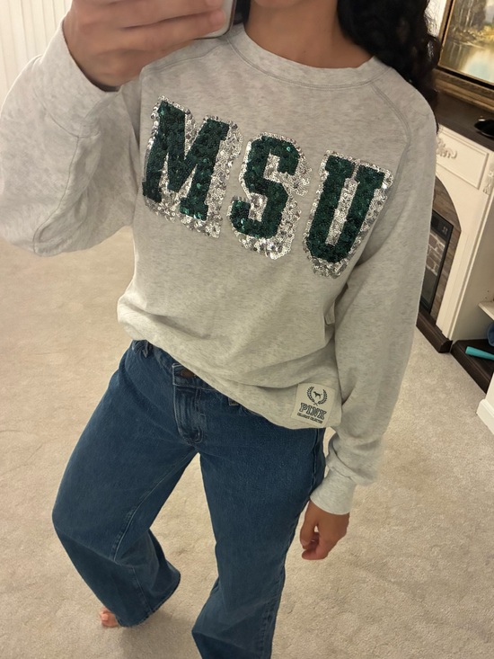 PINK Victoria's Secret Tops - PINK Victoria's Secret Gray MSU Sequin Logo Women's Sweatshirt